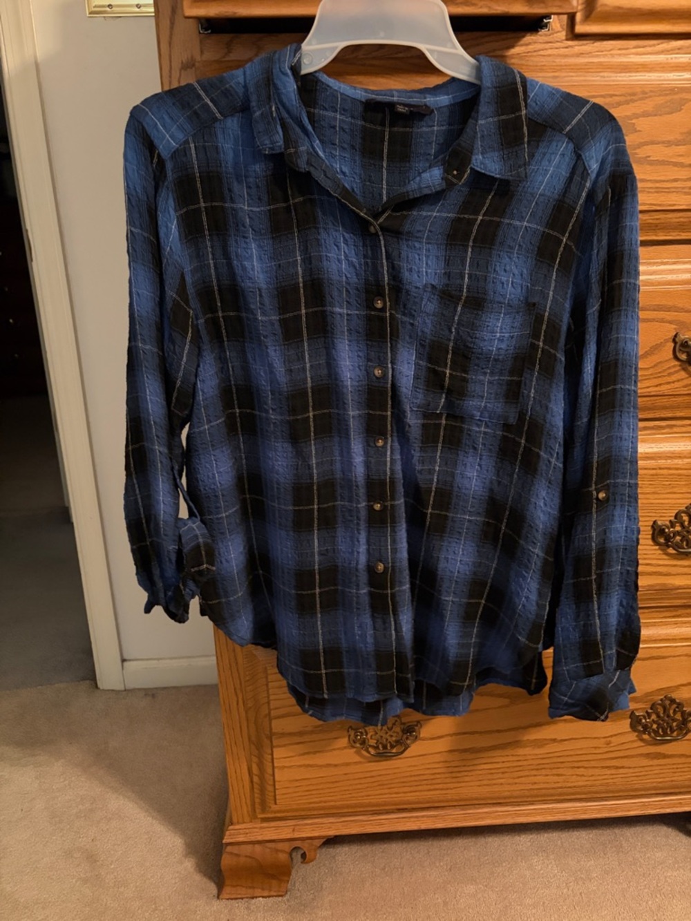 Blue and Black Plaid V-Neck Button-Front Women's Sweater